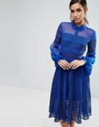 Three Floor Lace Midi Dress With Sheer Sleeve - Blue