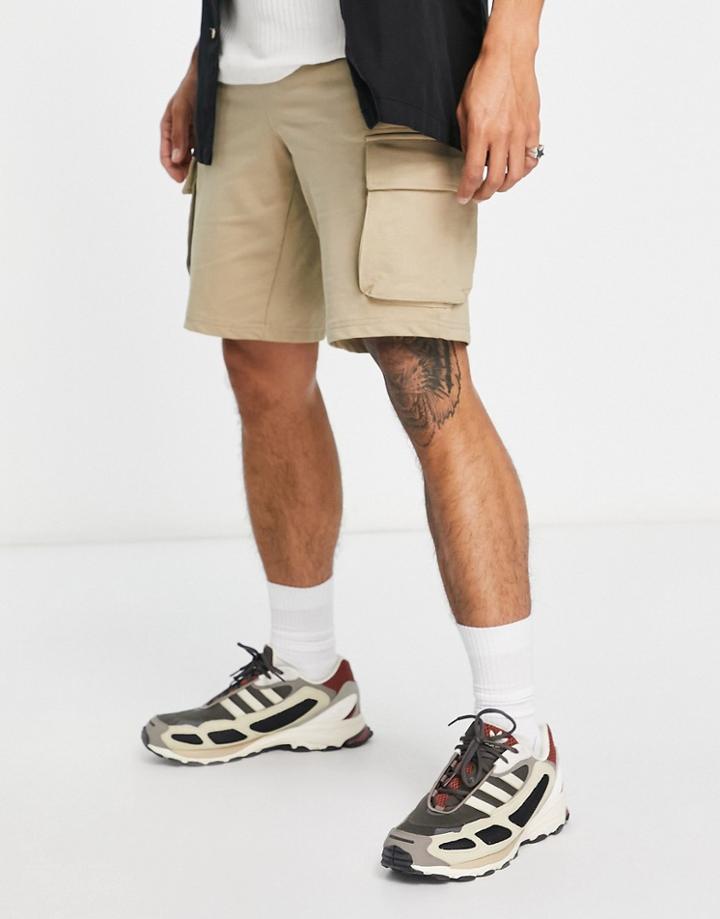 Only & Sons Jersey Cargo Shorts In Beige-neutral