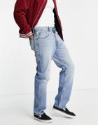Asos Design Organic Cotton Blend Straight Leg Jeans In Mid Wash With Abrasions-blues