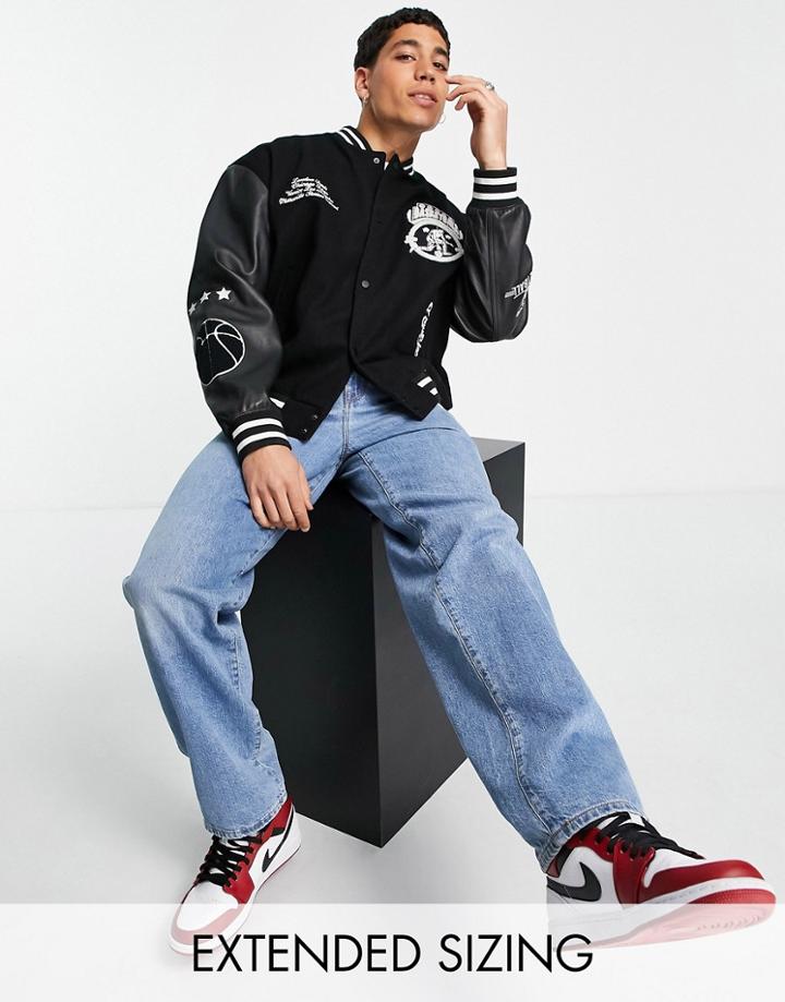 Asos Design Oversized Real Leather Varsity Jacket With Chenille Badge In Black