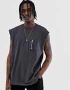 Asos Design Oversized Sleeveless T-shirt With Pocket In Washed Black - Gray