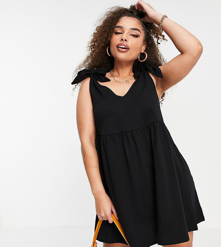 Asos Design Curve Bunny Tie Shoulder Mini Smock Dress In Black