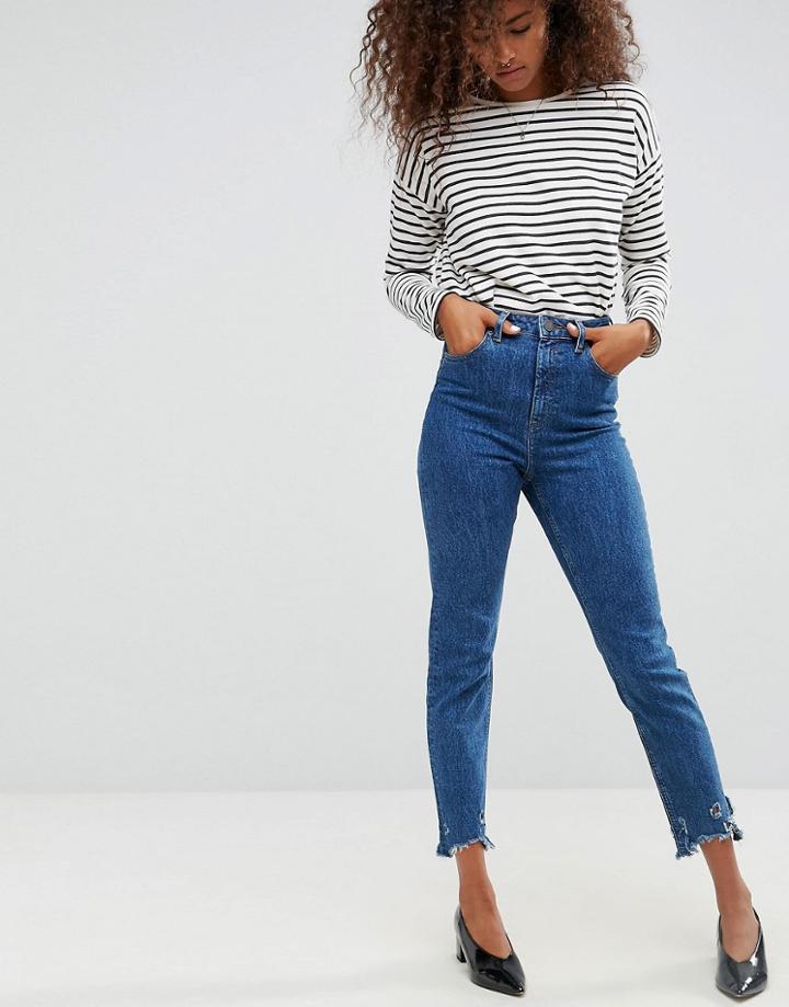 Asos Farleigh High Waist Slim Mom Jeans In Hazel Soft Acid Wash With Arched Raw Hem - Blue