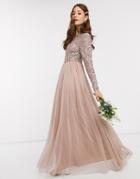Maya Bridesmaid Long Sleeve V Back Maxi Tulle Dress With Tonal Delicate Sequin In Taupe Blush-brown