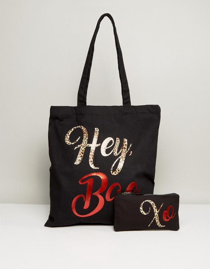 Crazy Haute 'hey Bae' Tote Bag And Pouch - Black