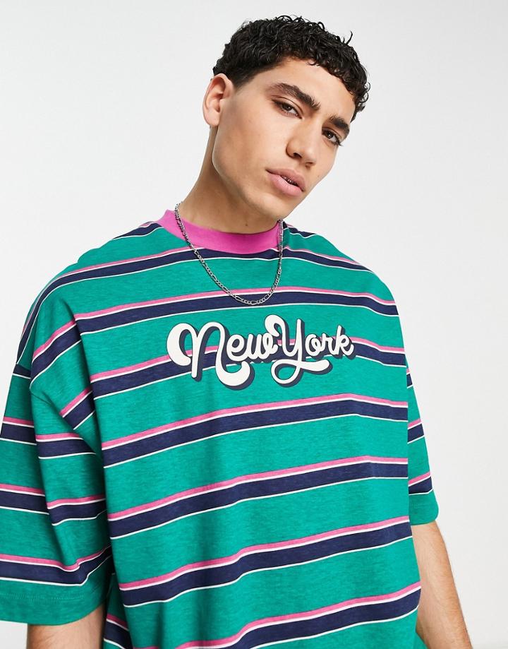 Asos Design Oversized Stripe T-shirt In Green With Ringer And City Print