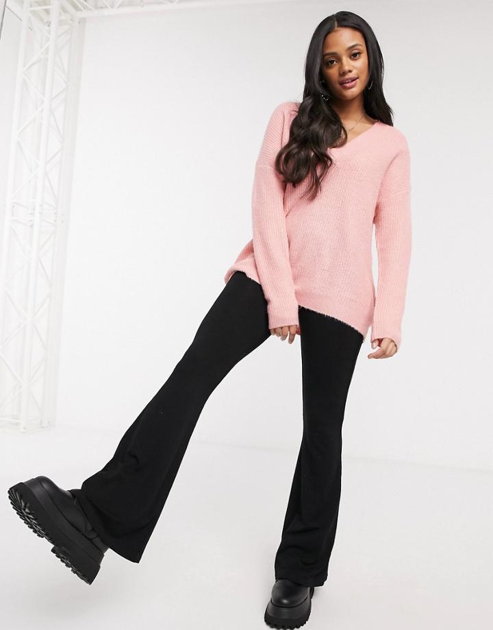 Brave Soul Minky Slouchy V-neck Sweater In Pink