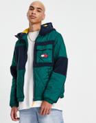 Tommy Jeans Sherpa Quilt Hybrid Hooded Jacket In Green/navy