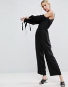 Asos Cold Shoulder Jumpsuit In Structured Cotton - Black