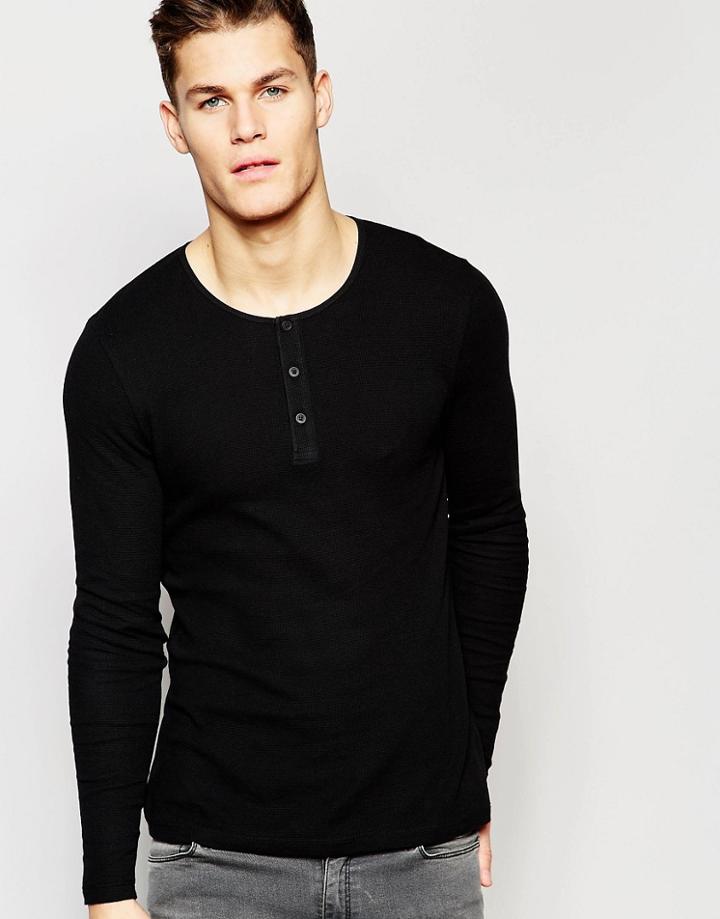 Asos Waffle Jersey Long Sleeve Top With Grandad Neck - Black