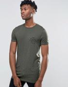 Asos Longline Muscle T-shirt With Splatter Print And Military Chest Print In Dark Green - Green