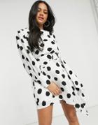 Forever U Belted Asymmetric Mini Dress With Elongated Cuffs In Oversized Spot-white