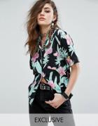 Motel Hawaiian Style Shirt In Floral Print - Black
