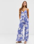Qed London Pleated Cami Jumpsuit In Floral-navy