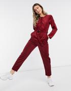Asos Design Cord Button Front Jumpsuit In Burnt Red-black
