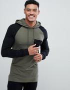 Asos Muscle Fit Longline Hoodie With Contrast Raglan Sleeve In Khaki And Black - Green
