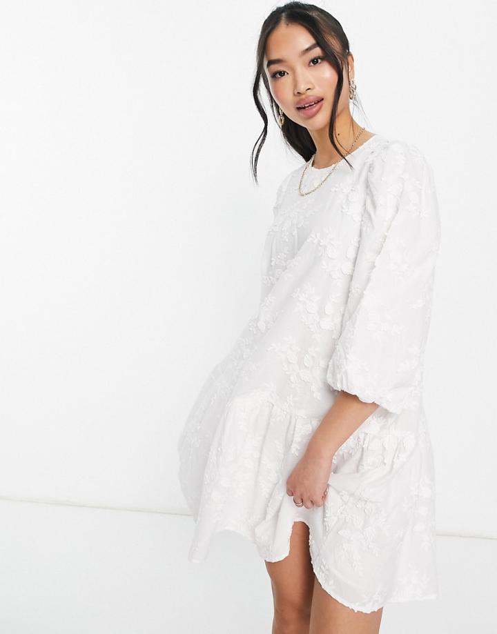 & Other Stories Cotton Embroidered Smock Mini Dress In White