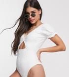 Asos Design Tall Broderie Tab Front Puff Sleeve Swimsuit In White