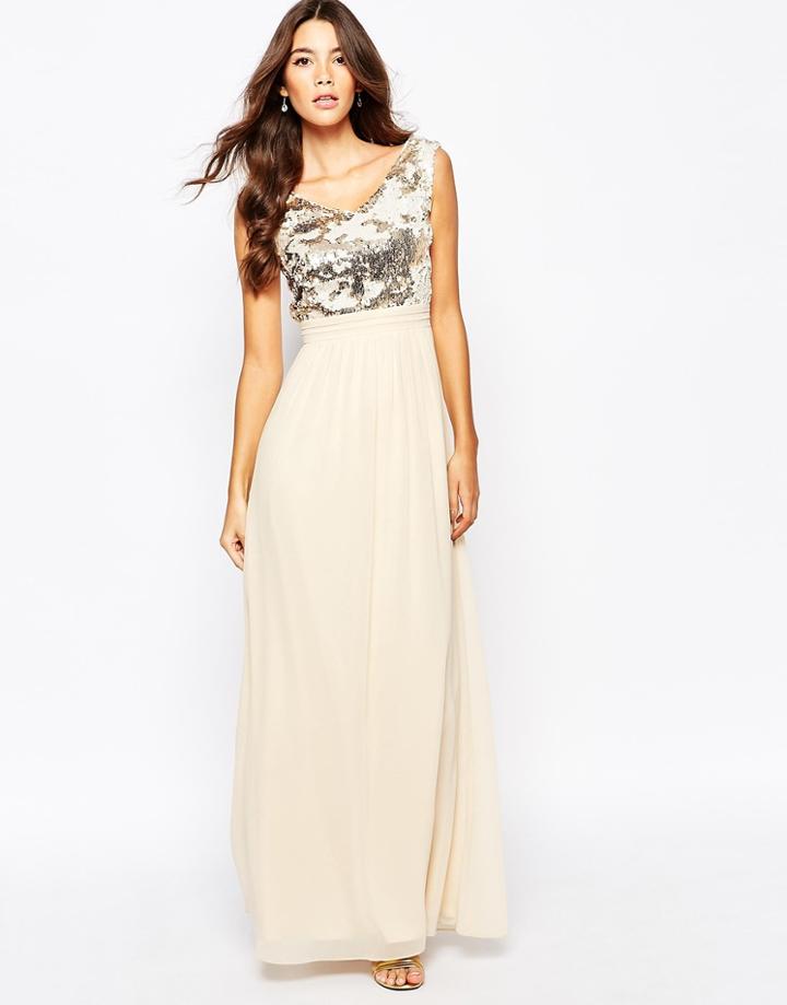 Little Mistress Chiffon Maxi Dress With Bardot Neck And Sequin Front