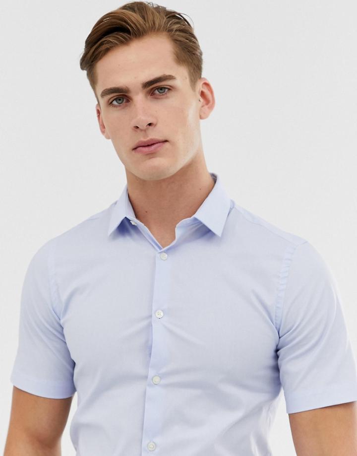 French Connection Plain Poplin Stretch Short Sleeve Shirt-blue