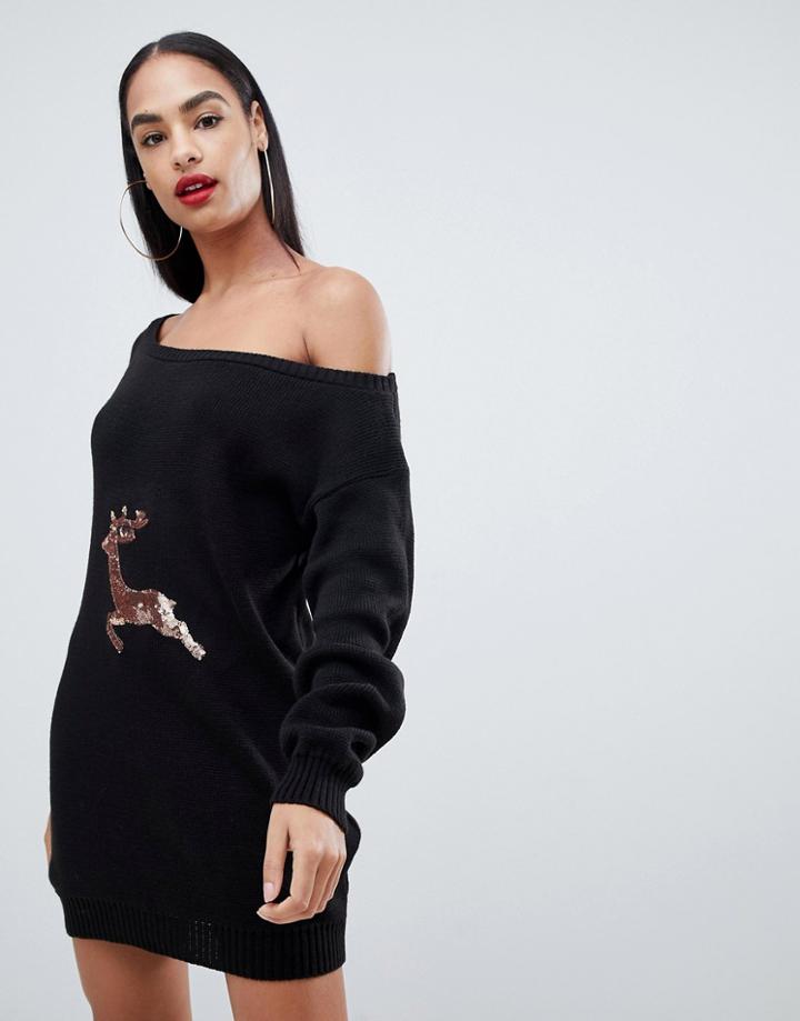 Club L Christmas Off The Shoulder Dress With Placement Sequin Reindeer - Black