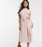 Asos Design Petite Split Cap Sleeve High Neck Midi Dress With Skater Skirt-pink