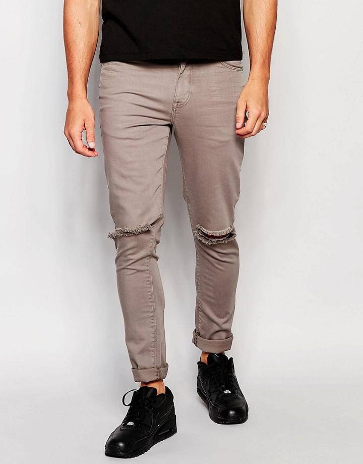 Asos Super Skinny Jeans With Knee Rips In Gray - Gray