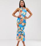 Asos Design Tall Halter Floral Print Pep Hem Bodycon Dress - Blue