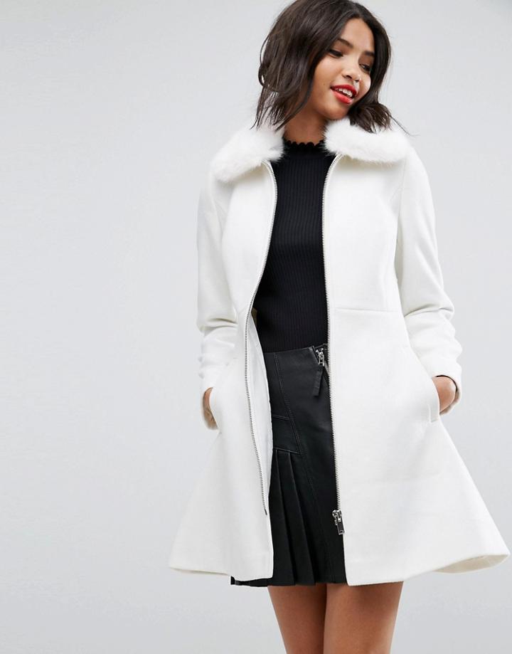 Asos Skater Coat With Faux Fur Collar - Cream
