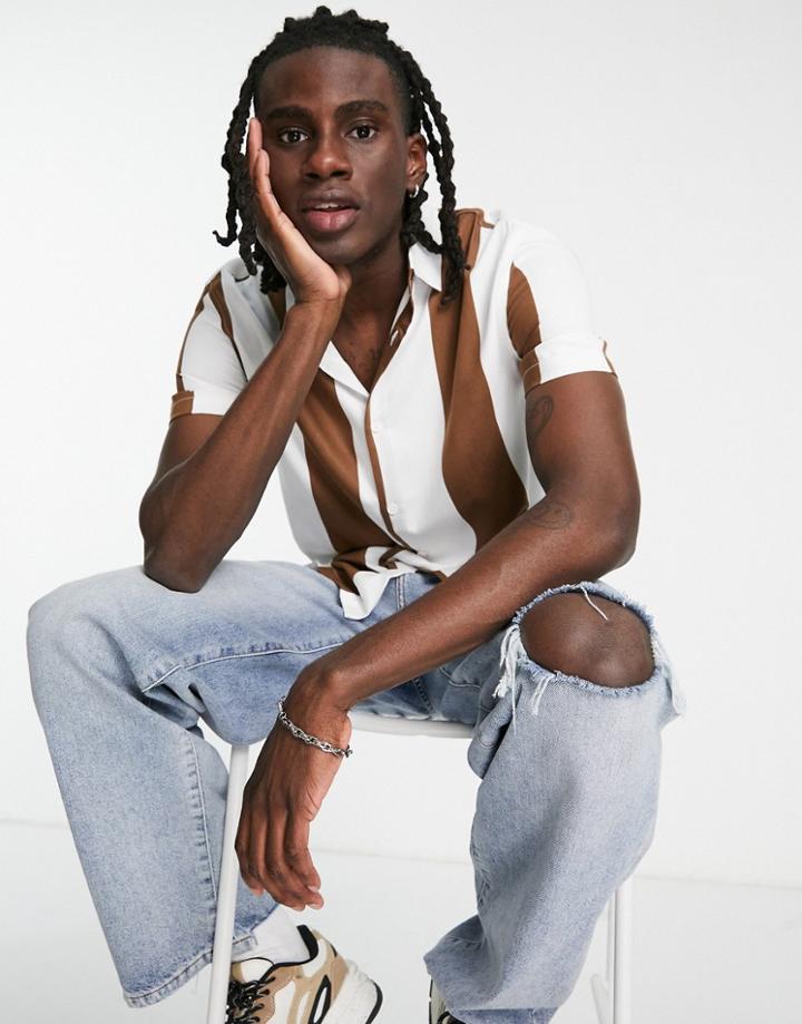 Bershka Striped Revere Collar Shirt In Brown