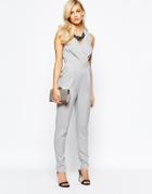 Little Mistress Wrap Front Embellished Necklace Jumpsuit - Gray
