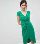 City Goddess Tall Bardot Wrap Over Pencil Midi Dress - Green