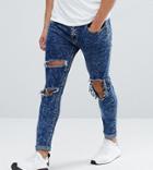 Liquor N Poker Acid Wash Open Knee Rip Skinny Jeans - Blue