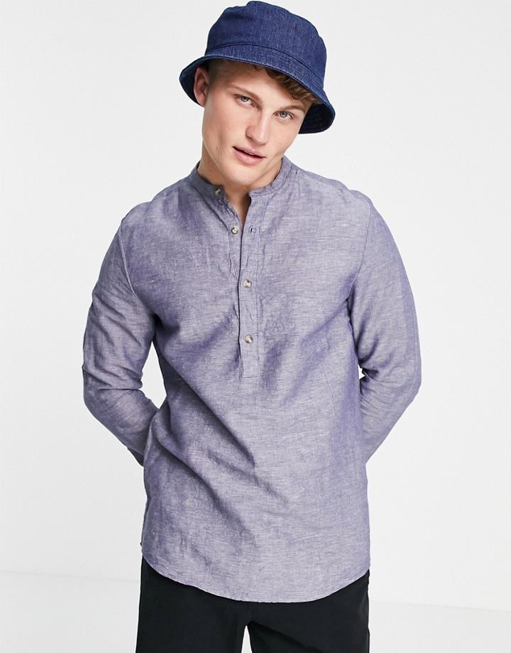 Asos Design Regular Fit Overhead Linen Shirt With Band Collar In Navy