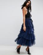Asos Tulle Midi Skirt With Tiers And Tie Waist - Navy