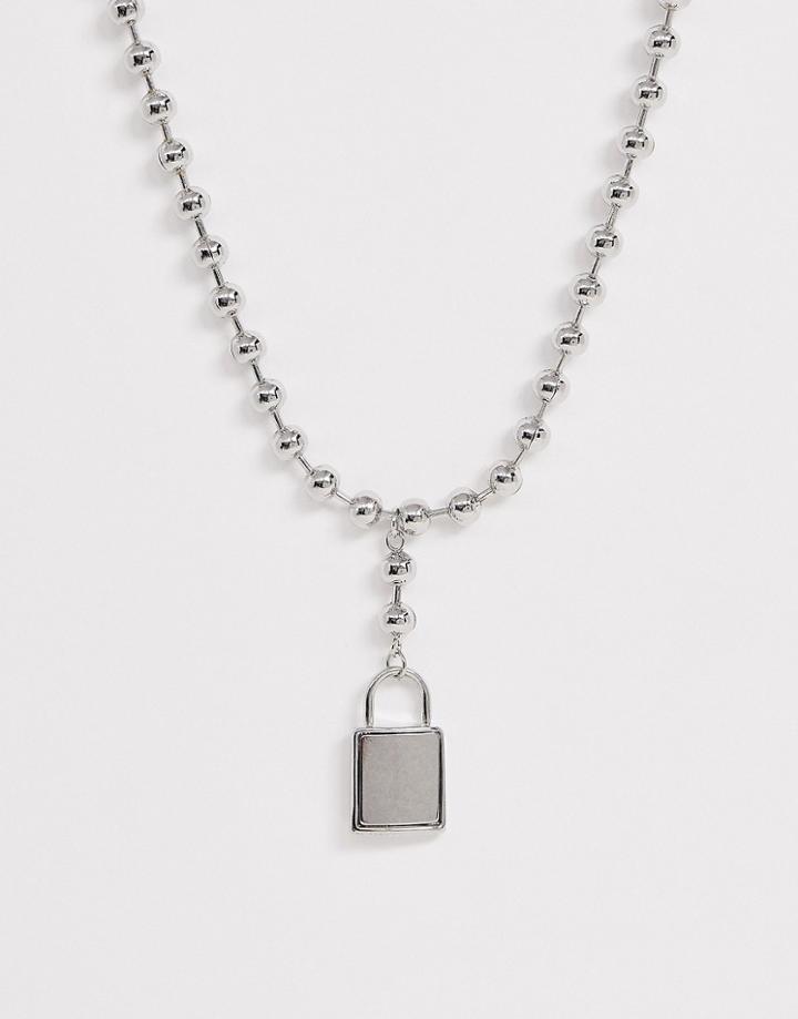Asos Design Necklace With Ball Chain And Padlock Pendant In Silver Tone - Silver