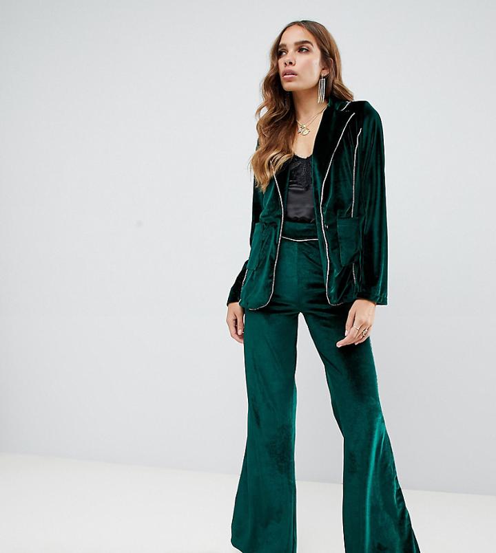 Dusty Daze Flared Velvet Pants With Rhinestone Trim Two-piece - Green