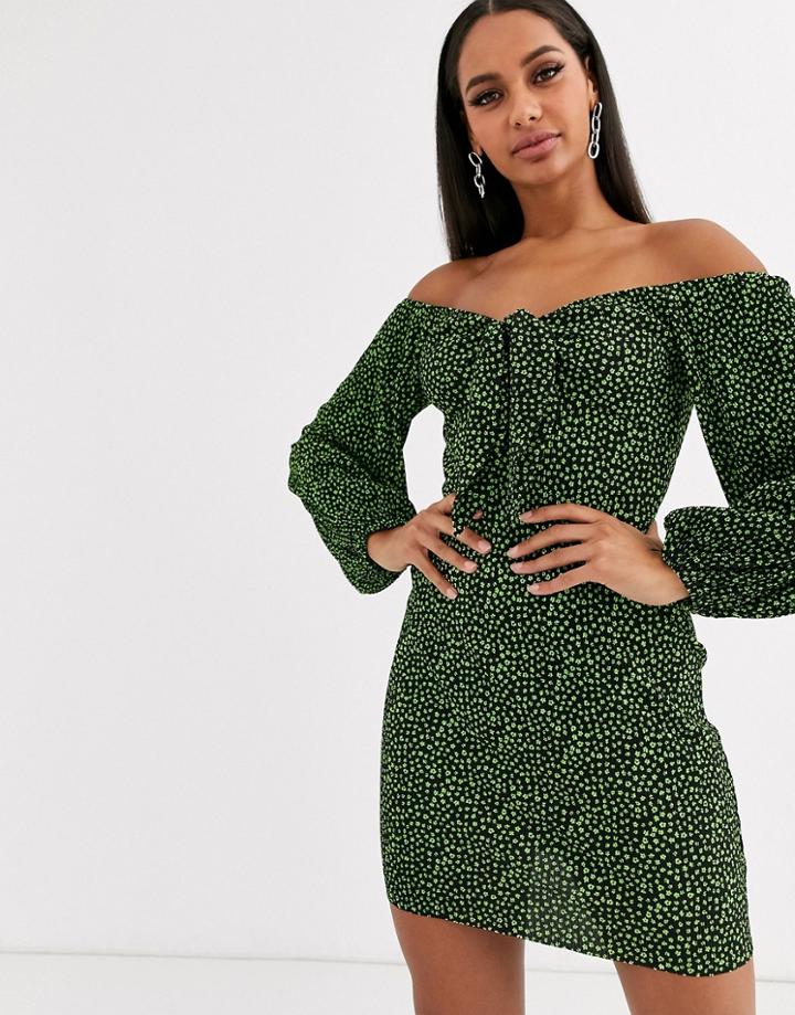 Asos Design Mini Ditsy Print Plisse Dress With Knot Front