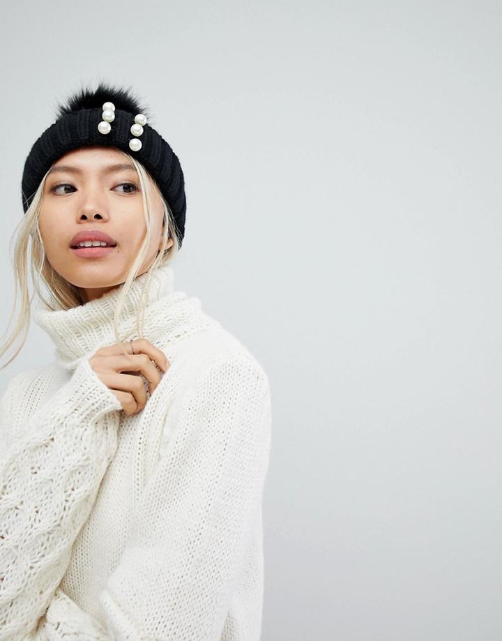 7x Pearl Detail Beanie Hat - Black