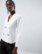 Asos Design Long Sleeve Blouse With Tuxedo Detail-white
