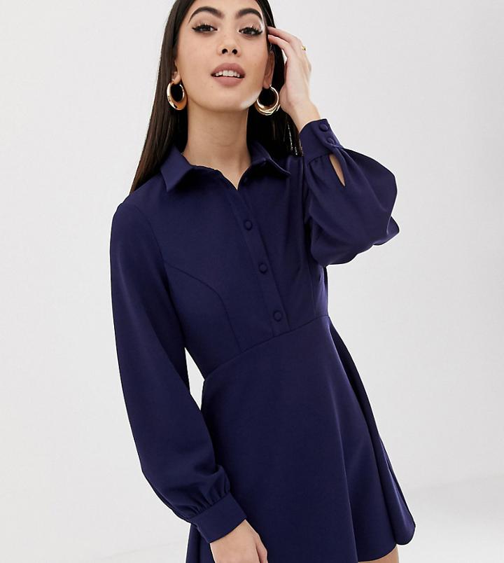 Asos Design Petite Mini Shirt Dress With Self-covered Buttons - Navy