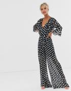 Dark Pink Plunge Front Jumpsuit In Black And White Polka Dot-multi