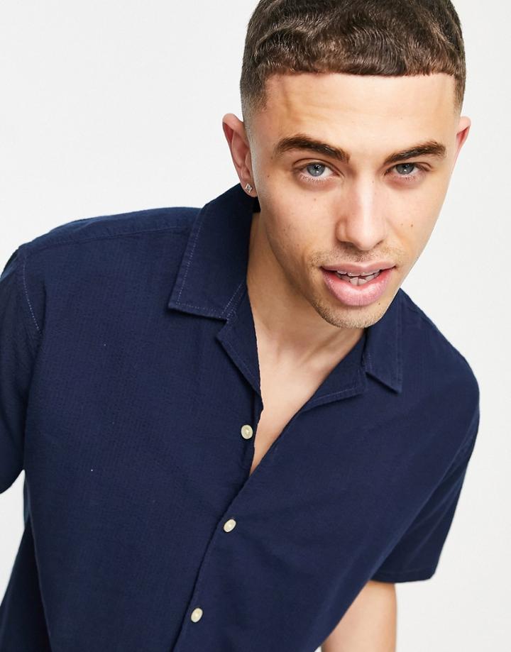 Jack & Jones Originals Short Sleeve Revere Collar Shirt In Navy Seersucker