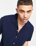 Jack & Jones Originals Short Sleeve Revere Collar Shirt In Navy Seersucker