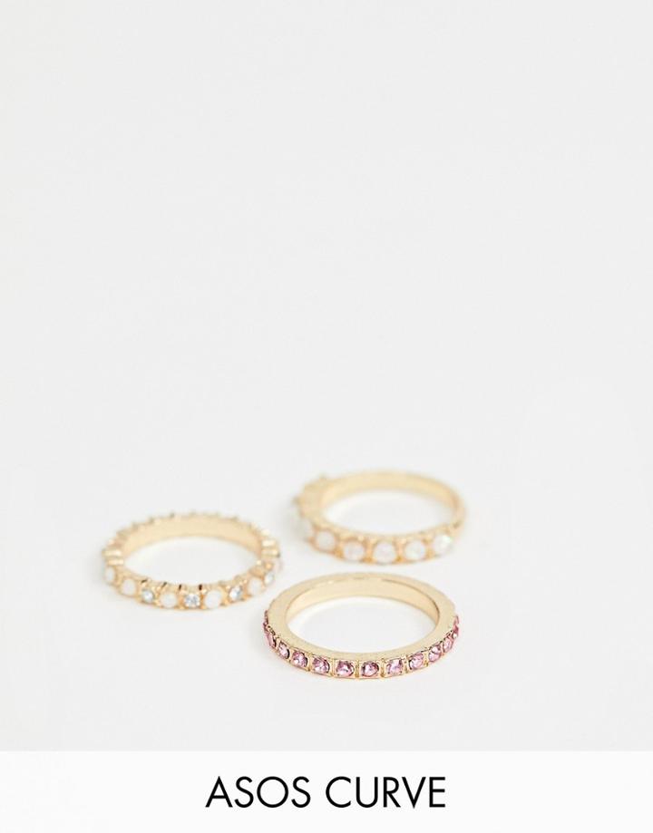 Asos Design Curve Exclusive Pack Of 3 Rings With Faux Opal Stones And Crystals In Gold - Gold