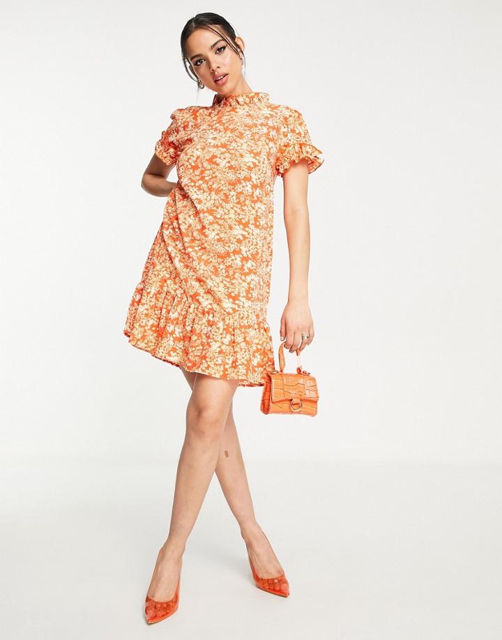 Ax Paris Short Sleeve Smock Dress In Orange Floral