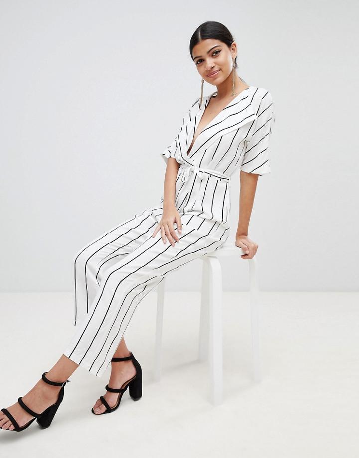 Asos Design Wrap Jumpsuit With Self Belt In Stripe - Multi