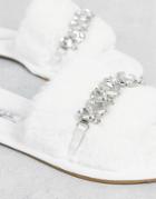 Truffle Collection Bridal Fluffy Embellished Slippers In White