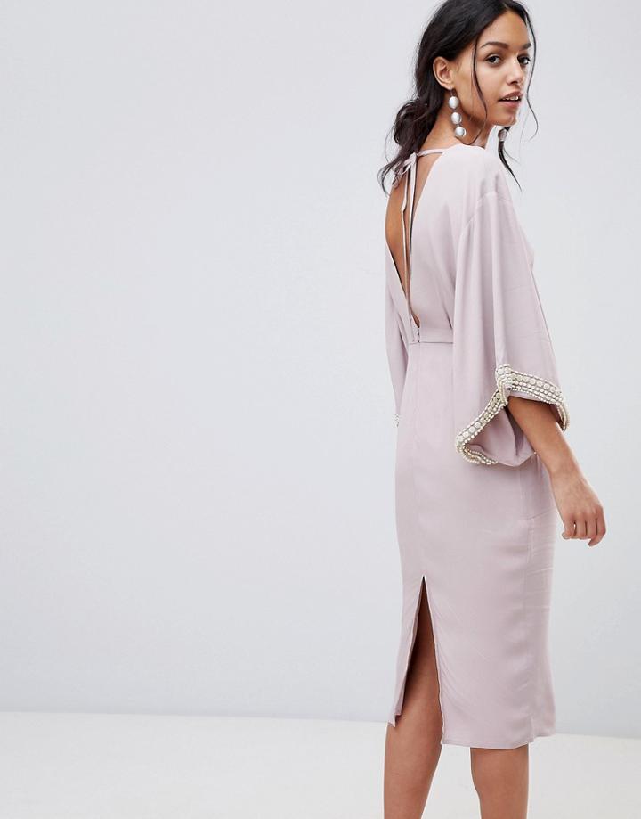 Asos Embellished Kimono Midi Dress With Pearl Trim - Navy