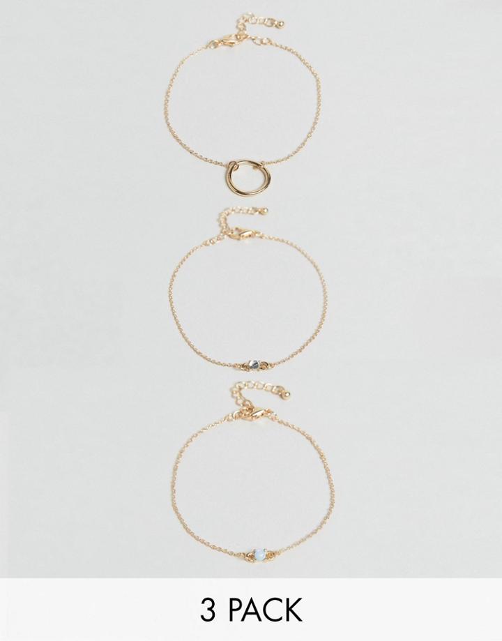 Asos Pack Of 3 Fine Open Circle And Opal Stone Bracelets - Gold